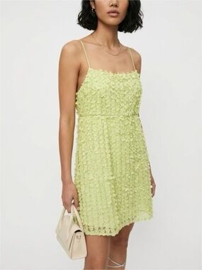 Anthropologie Pistachio Green Floral Appliqué Spaghetti-Strap Mini Dress